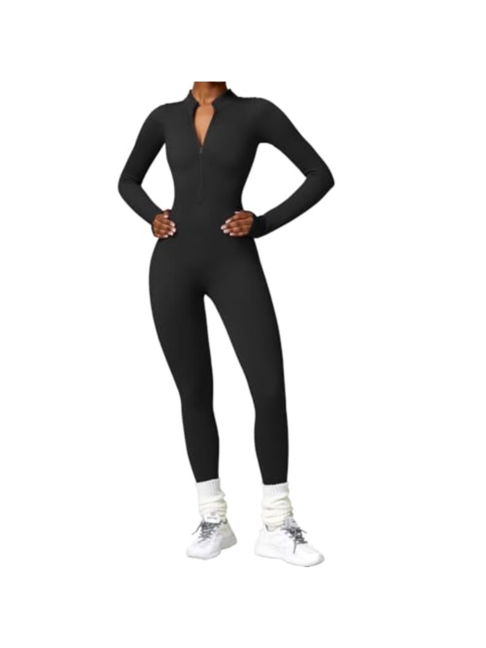 Ribbed Nylon Jumpsuit Long Sleeve Zip Front Bodycon Yoga Workout Romper